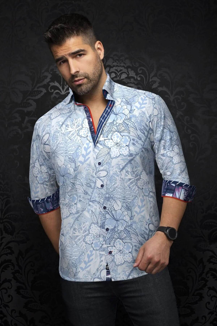 Chemise Alvarado florale ton sur ton avec col italien et détails contrastants, parfaite pour des soirées élégantes.
