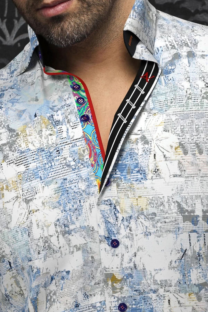 Chemise Gomera en coton extensible avec motifs contrastants, élégante et chic, parfaite pour un look habillé ou décontracté.