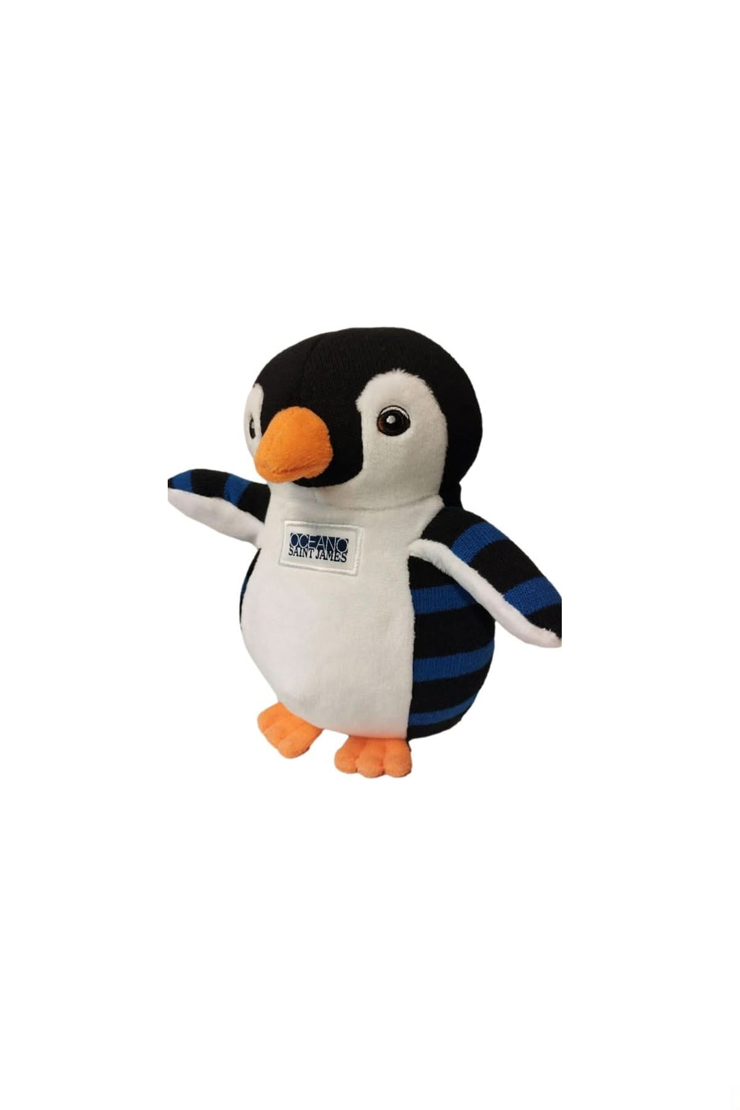 Peluche manchot doux avec ailes rayées marines et bec orange, idéal pour les enfants.