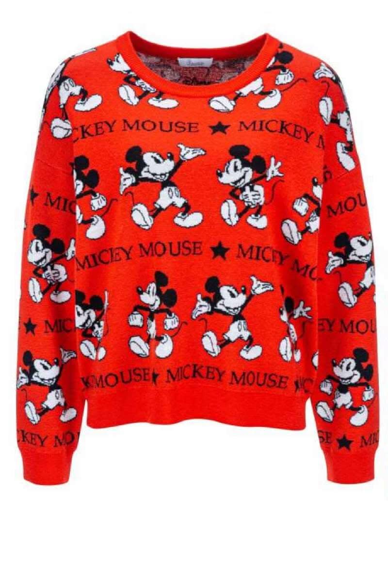 Chandail imprimé Mickey Mouse rouge à manches longues, coupe ample, encolure ronde, parfait pour une sortie ou rester chez soi.