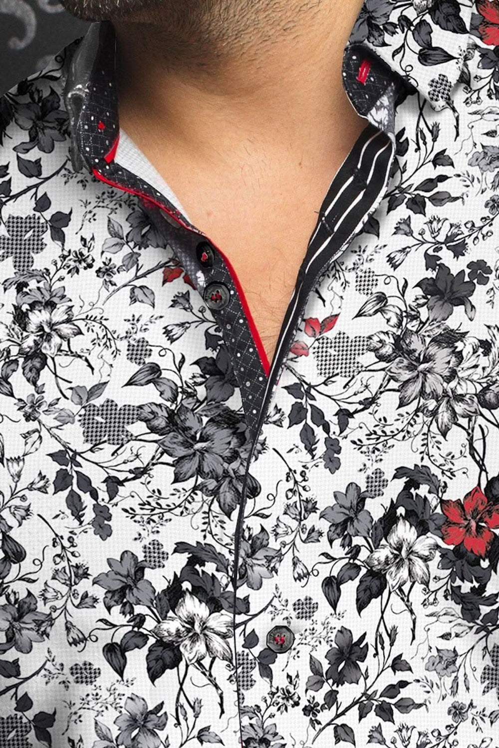 Chemise Garnett au design floral noir et blanc avec détails contrastants rouges et élégants pour un style décontracté.