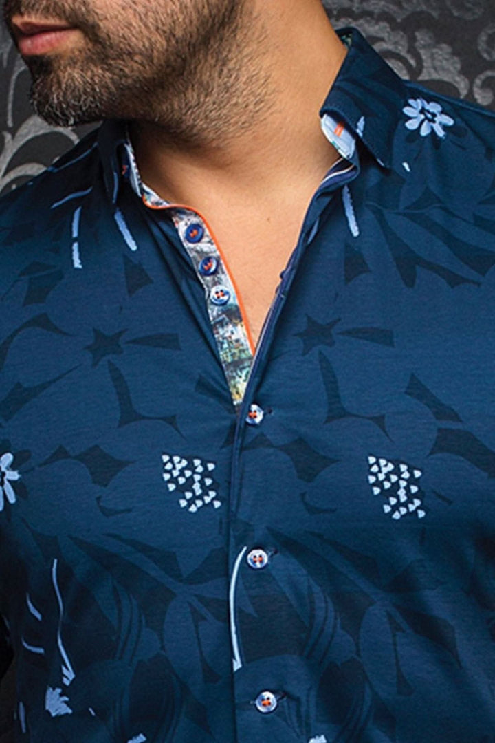 Chemise Verso pour homme en coton, motifs contrastants, col brodé, style habillé et décontracté.