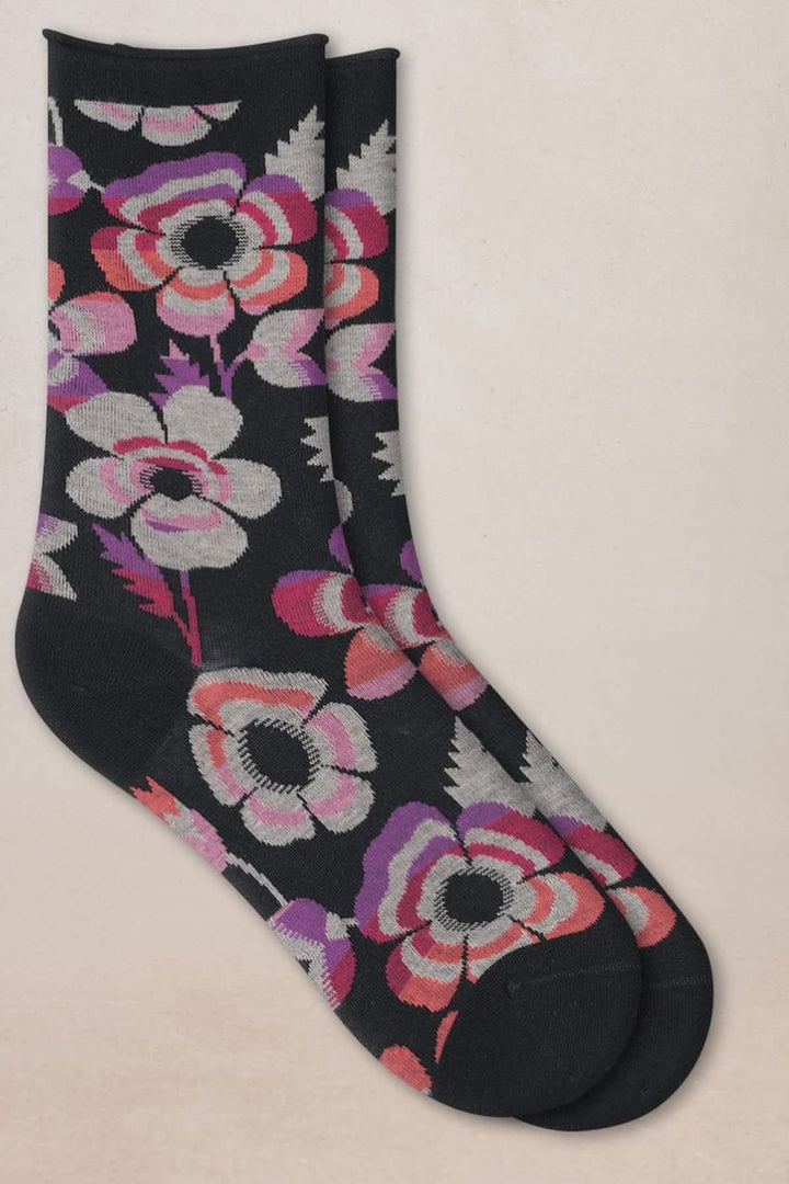 Chaussettes 6627 fleurs vue de face pour femme Bleuforêt