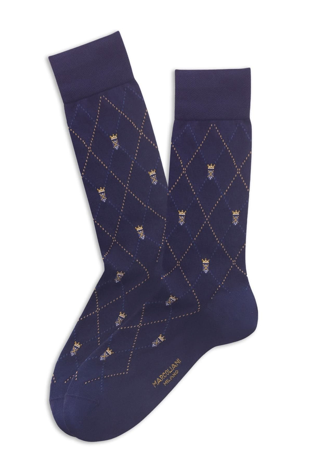 Chaussettes élégantes bleues à motif losanges et couronnes, ajoutant une touche raffinée à votre style.