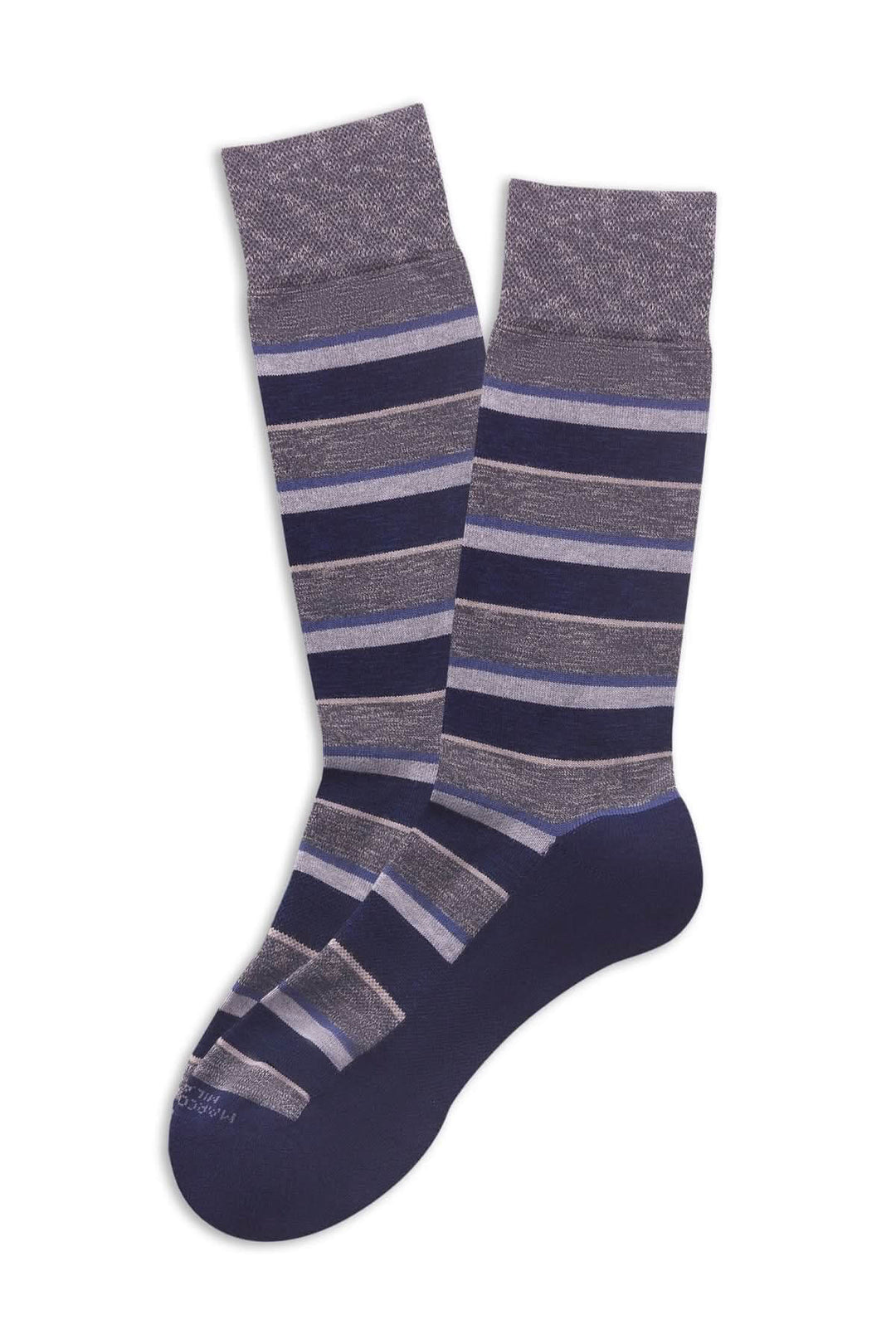 Bas à rayures raffinées en tons de bleu et gris, mi-hauts, parfaits pour un style élégant et contemporain.