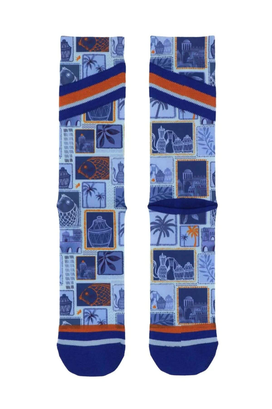 Bas timbres aux motifs méditerranéens, illustrant amphores, feuillages et architectures anciennes.