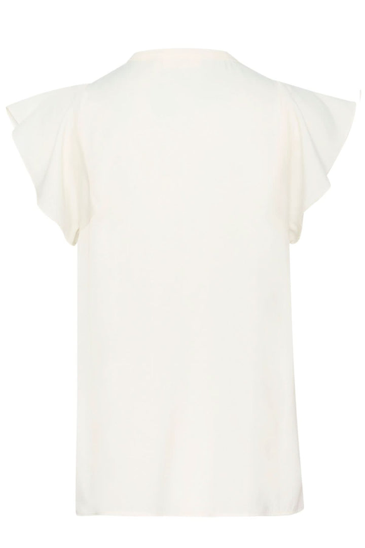 Blouse Cidenza blanche, légère et fluide, avec manches volantes et encolure plissée, vue arrière.