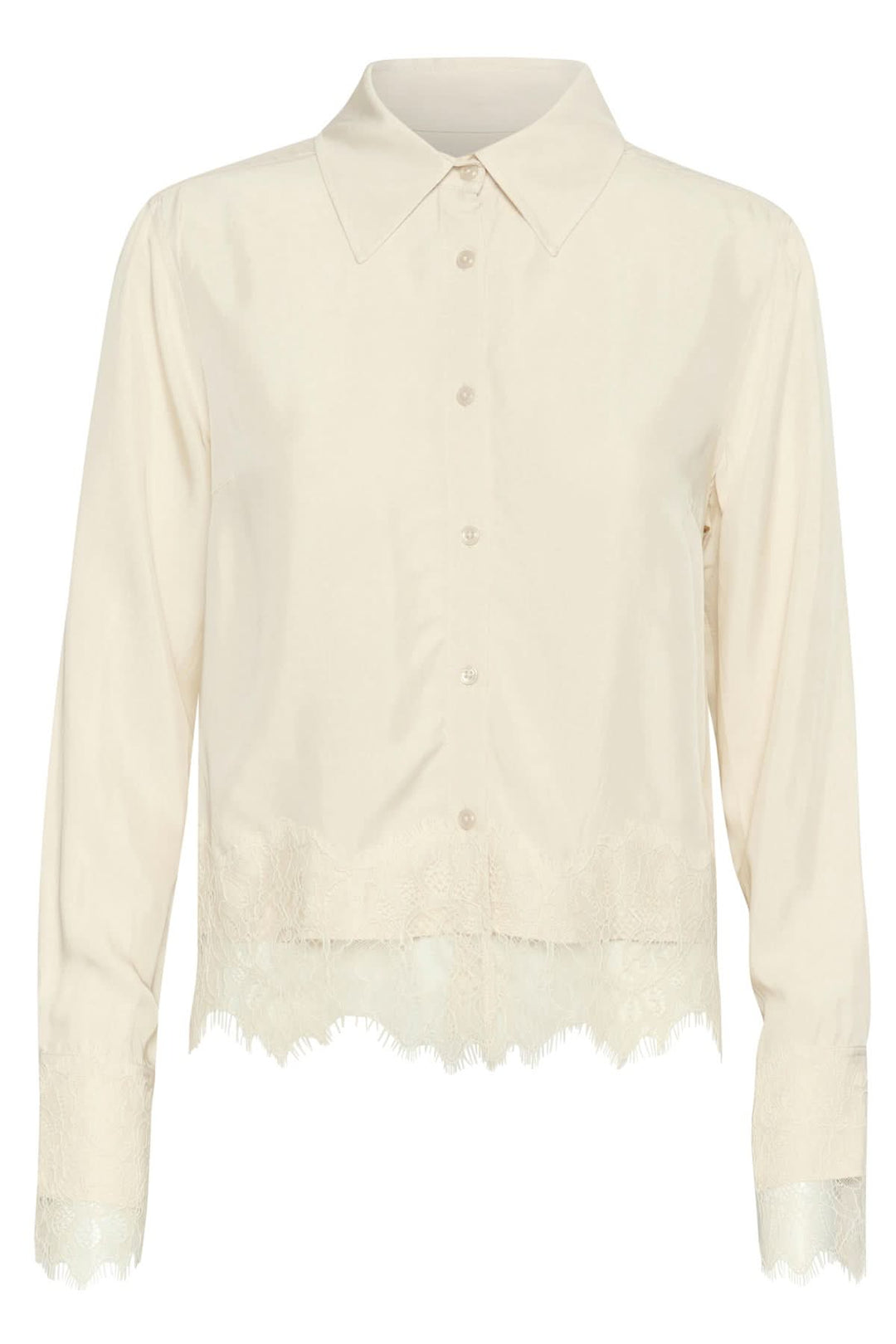 Chemise Lenina en beige avec dentelle, manches longues et boutons, idéale pour un look élégant au quotidien.