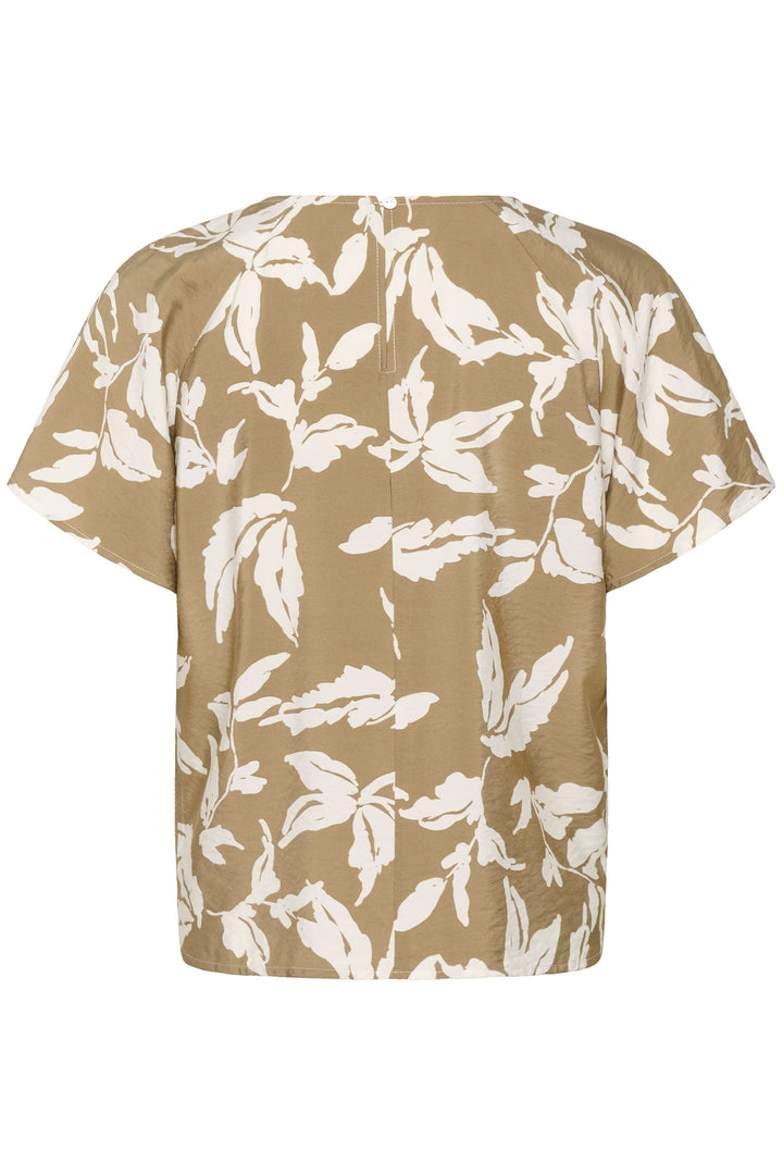 Blouse Marlo fluide à imprimé feuillage, manches courtes et ourlet arrondi, vue de dos sur fond beige avec motifs feuille blanche
