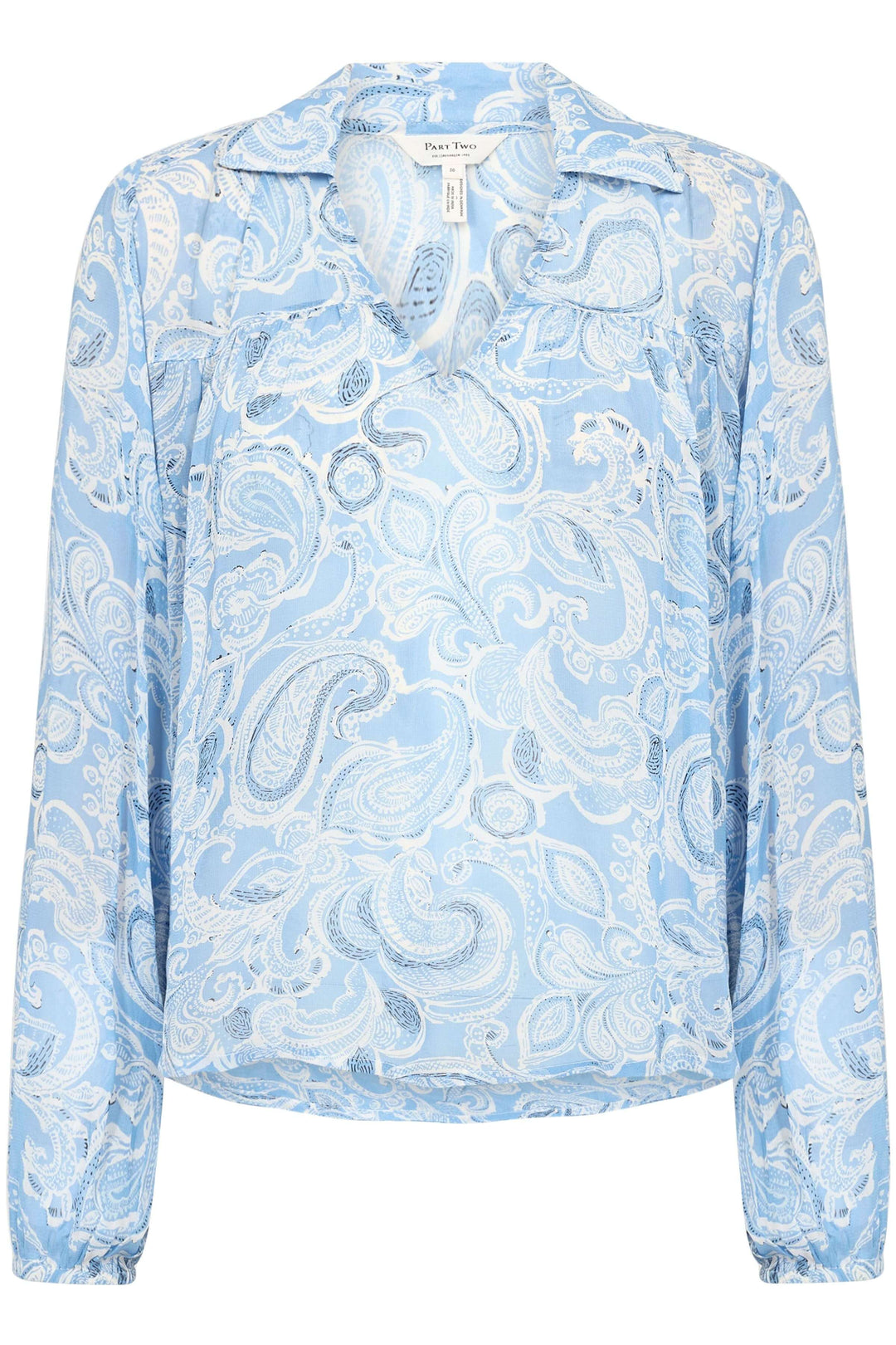 Blouse Nicholina en viscose bleu clair avec imprimé paisley élégant, manches longues et encolure en V.