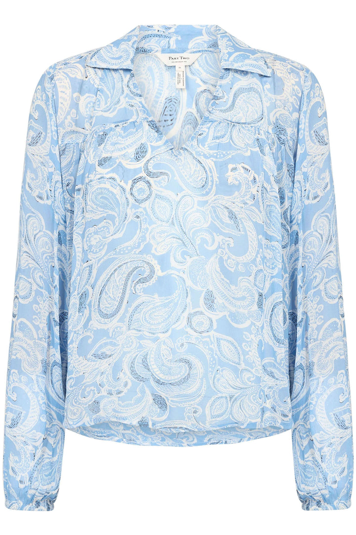 Blouse Nicholina en viscose bleu clair avec imprimé paisley élégant, manches longues et encolure en V.