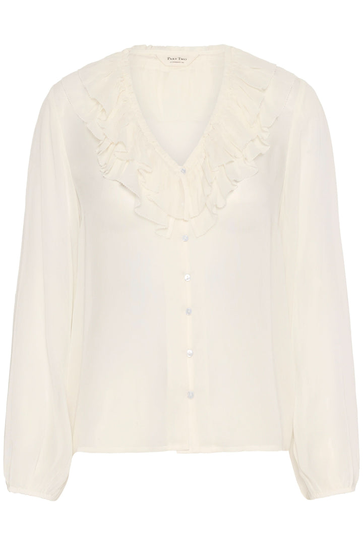 Blouse Sanaz élégante avec col en V orné de volants, manches longues et tissu léger et transparent.