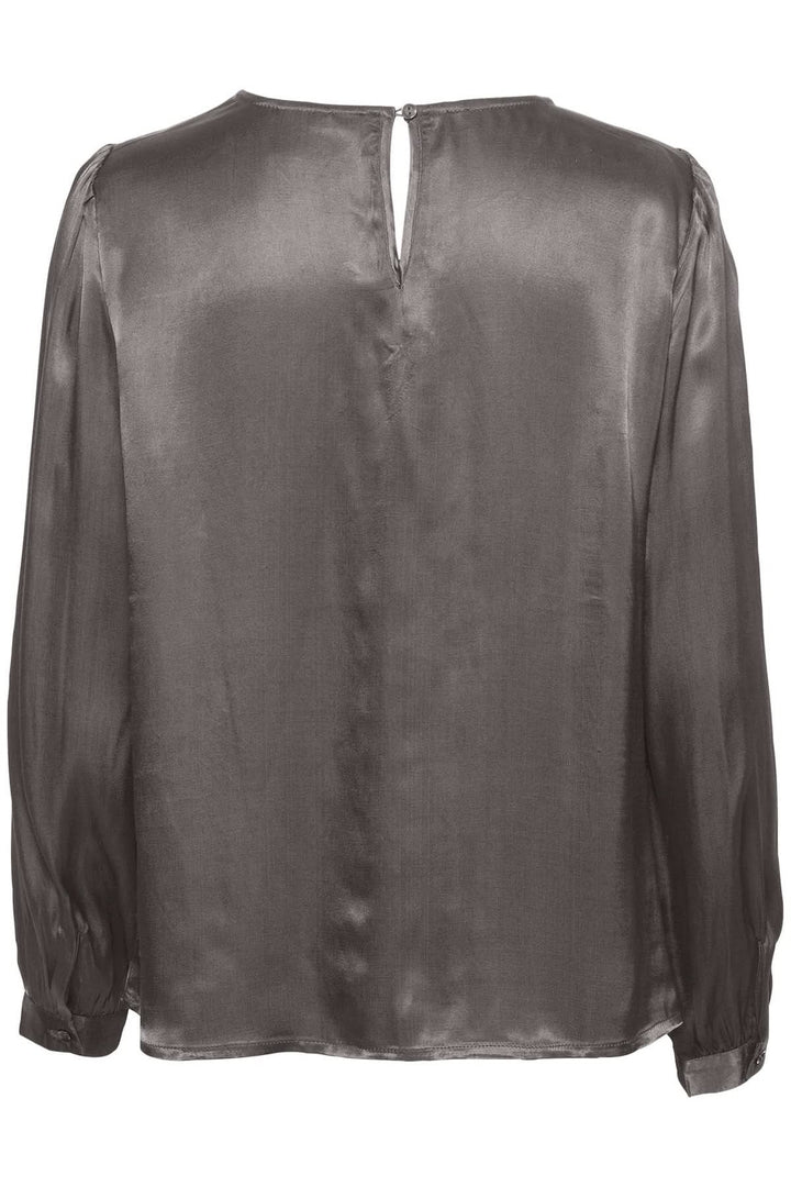 Blouse Viria grise à manches longues avec col en goutte d'eau et fermeture raffinée, vue de dos.