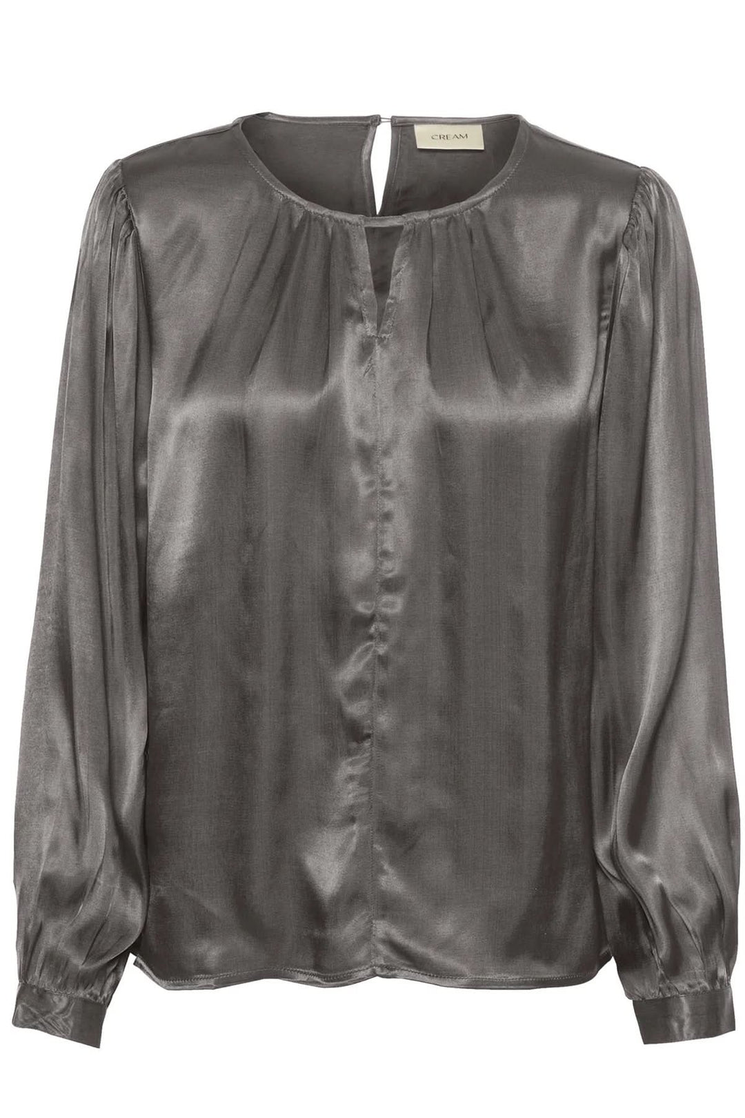Blouse en satin gris à manches longues avec col en goutte d'eau et finition brillante, élégante et sophistiquée.