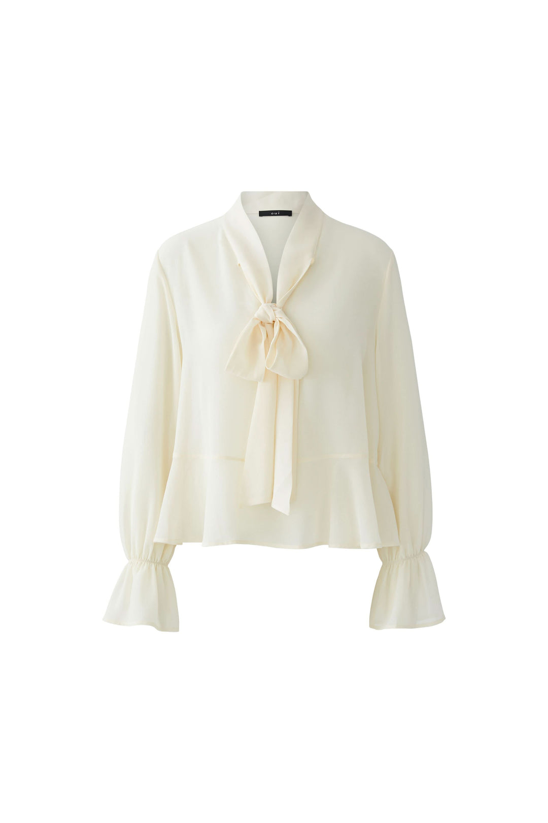 Blouse fluide à cravate col noué avec manches longues et poignets volantés, élégante pièce chic pour bureau ou tenue habillée.