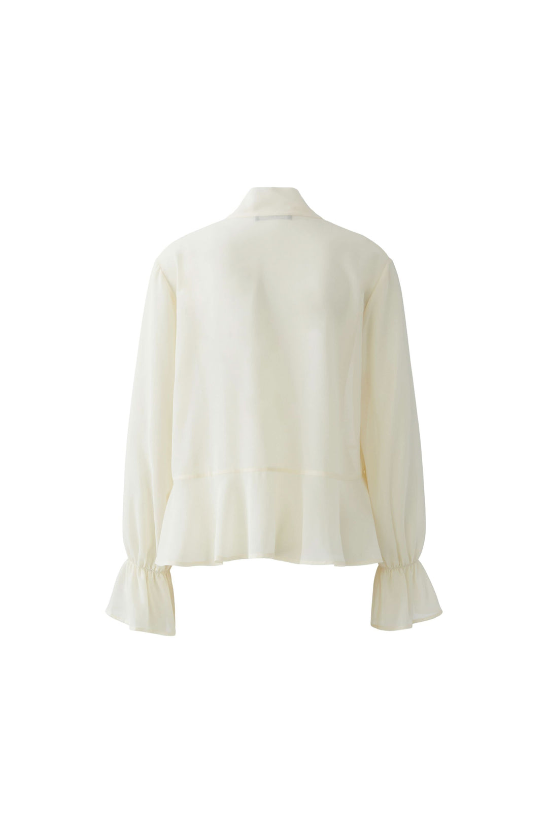 Blouse fluide à cravate col noué avec manches longues et poignets volantés, vue de dos.