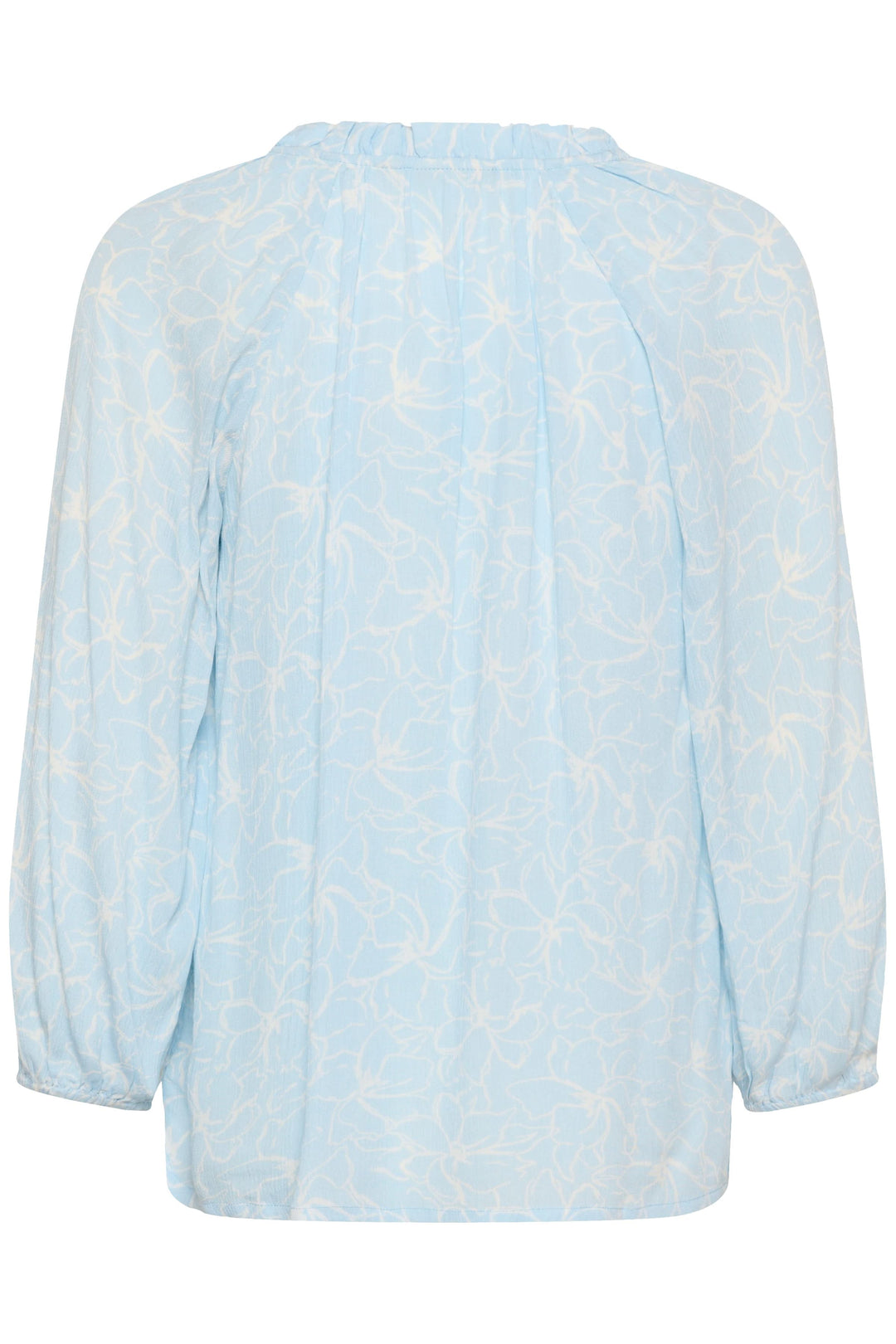 Blouse fluide à imprimé floral discret avec manches trois-quarts et encolure froncée, vue arrière.