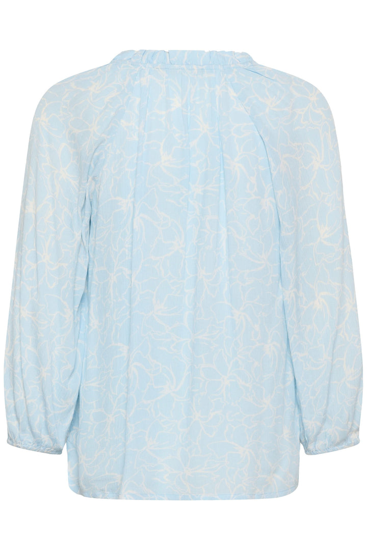 Blouse fluide à imprimé floral discret avec manches trois-quarts et encolure froncée, vue arrière.