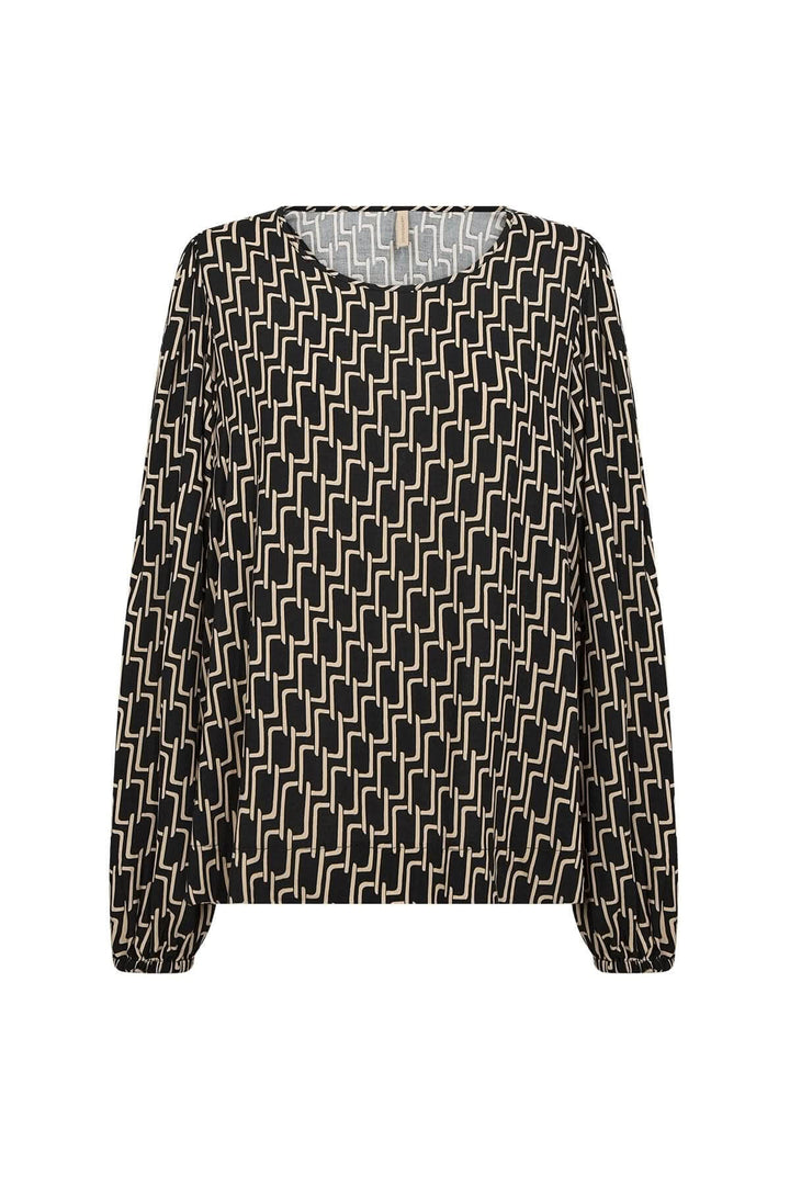 Blouse à motif géométrique avec encolure ronde et manches longues bouffantes, imprimé graphique sur fond noir.