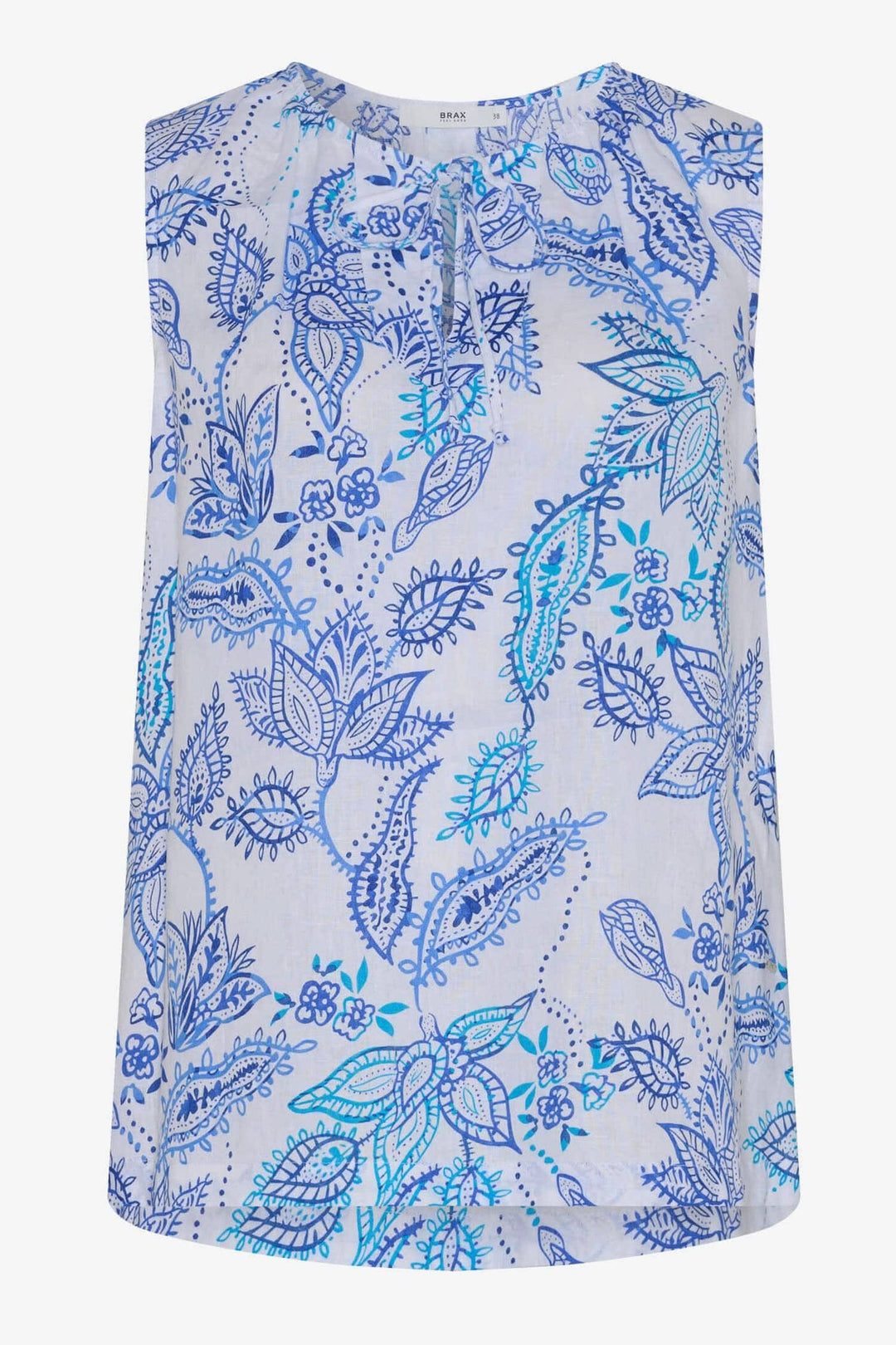 Blouse sans manches Vita en lin avec imprimé floral bleu et col en V, légère et estivale.