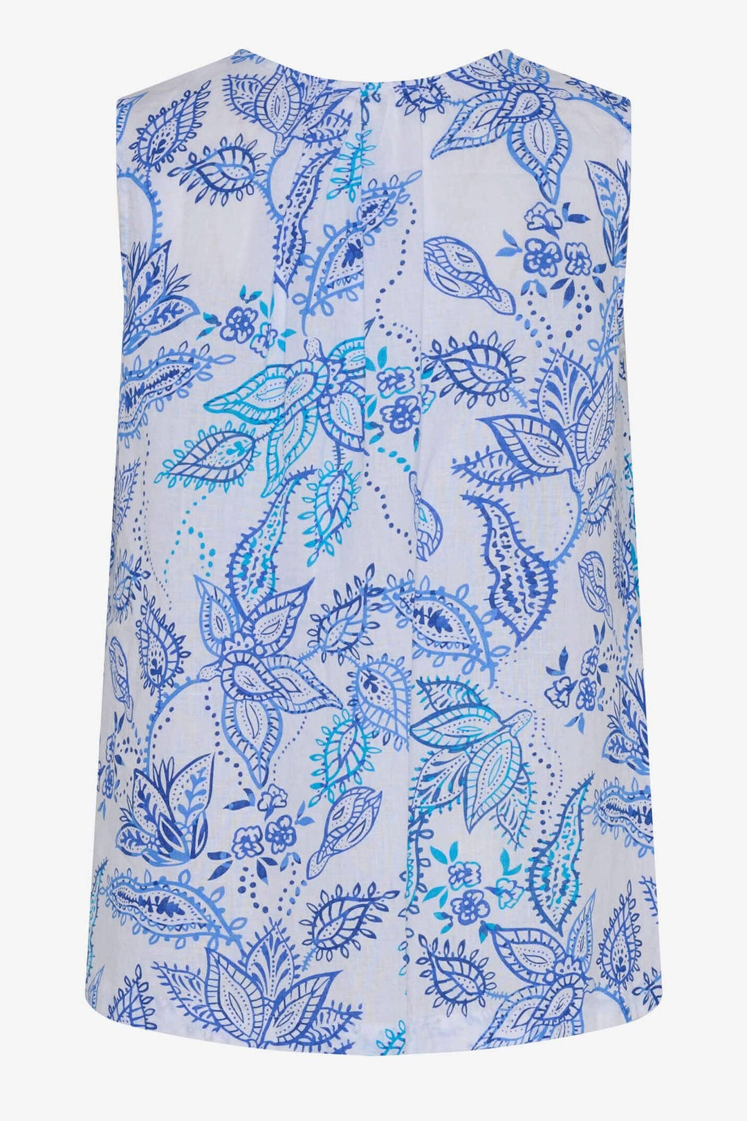 Blouse sans manches Vita en lin à motif floral bleu, col en V, coupe décontractée et fentes latérales.