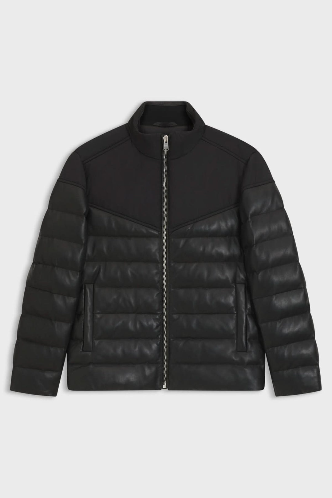 Blouson en cuir d’agneau avec col montant et finitions côtelées, élégance et confort pour un style intemporel et moderne.