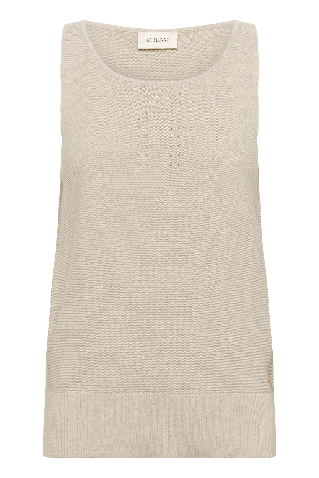 Camisole Sillar en maille fine, couleur beige, col rond, détails ajourés et ourlet côtelé.