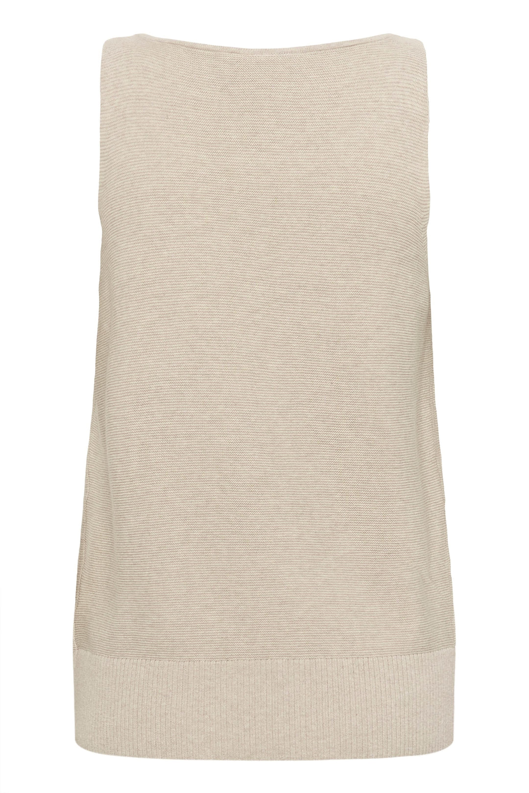 Débardeur en maille fine beige, col rond classique, ourlet côtelé pour un look décontracté et soigné.