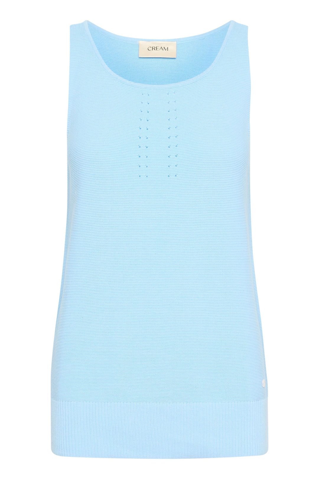 Camisole Sillar en maille fine bleu ciel, avec col rond et motif ajouré pour un look élégant et décontracté.
