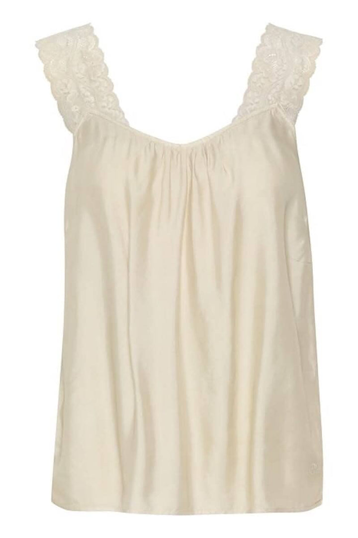 Camisole en viscose crème avec bretelles larges en dentelle et encolure ronde, style chic et décontracté.