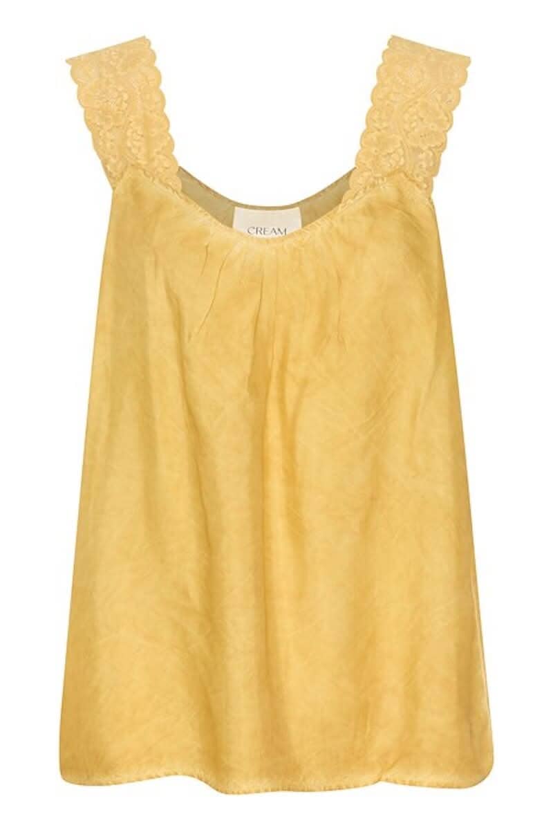 Camisole jaune avec bretelles larges en dentelle, encolure ronde et coupe régulière.