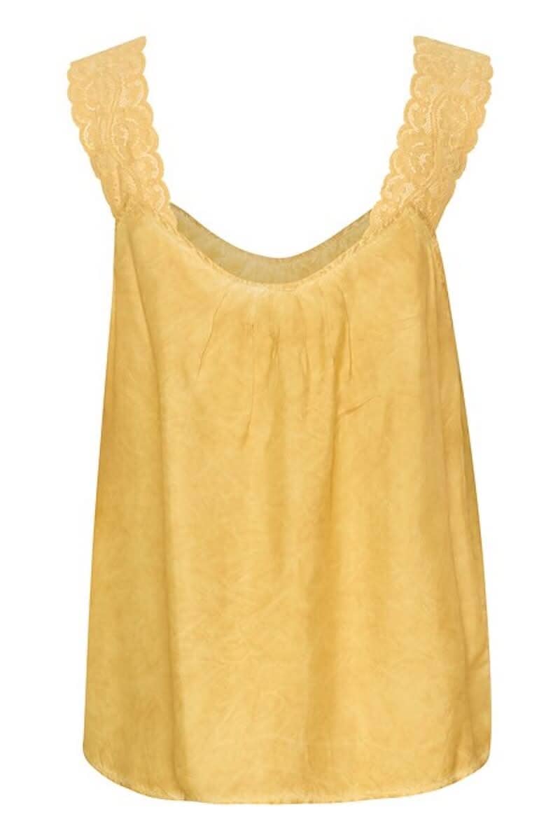 Camisole jaune avec dentelle, encolure ronde et coupe régulière, parfaite pour un look chic ou décontracté.