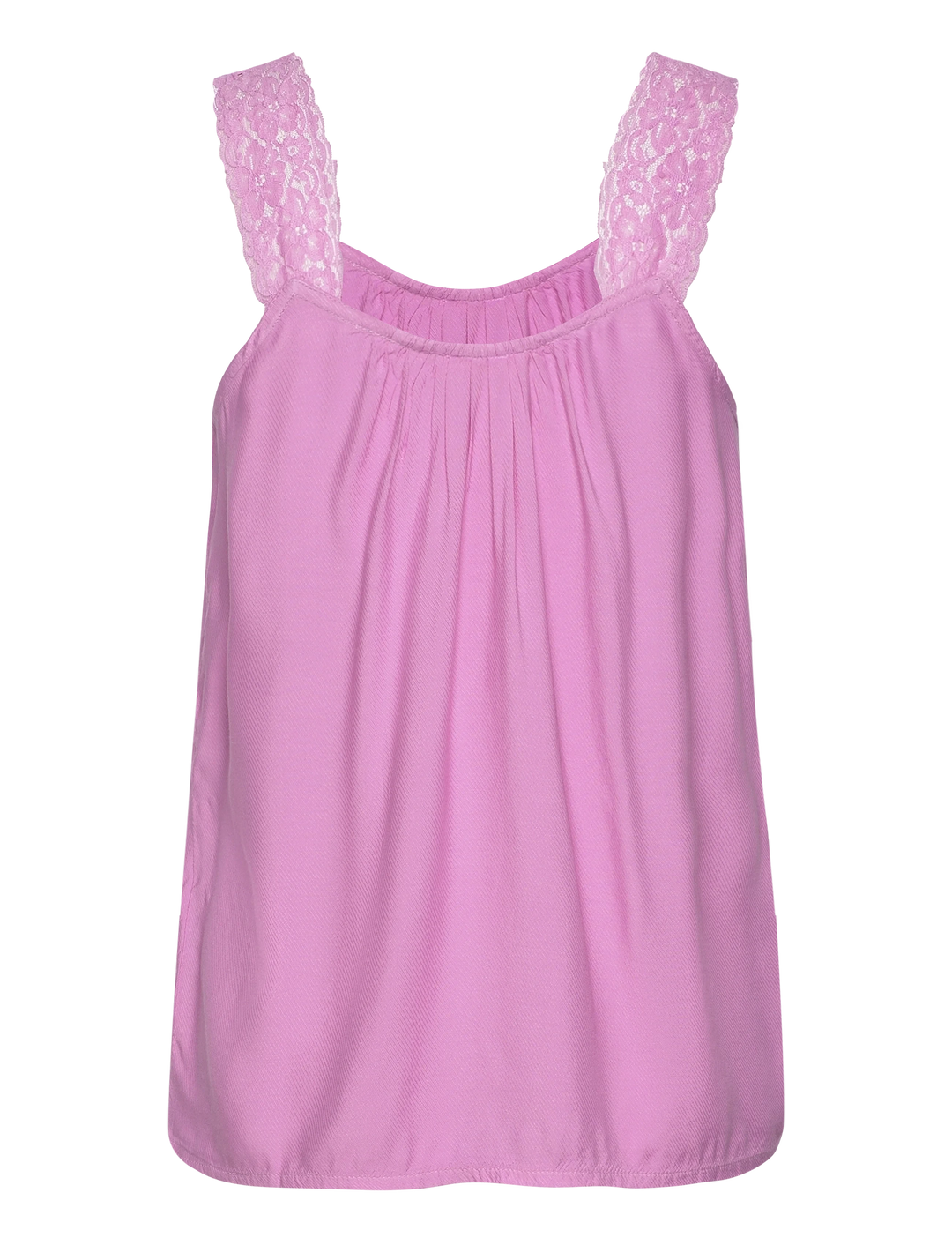 Camisole rose avec bretelles en dentelle, coupe régulière, idéale pour un look chic ou décontracté.