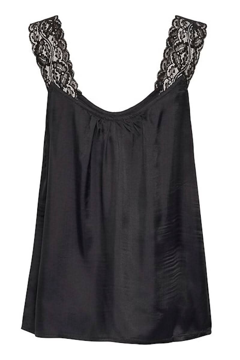 Camisole noire avec dentelle sur les bretelles et encolure ronde, parfaite pour un look chic ou décontracté.