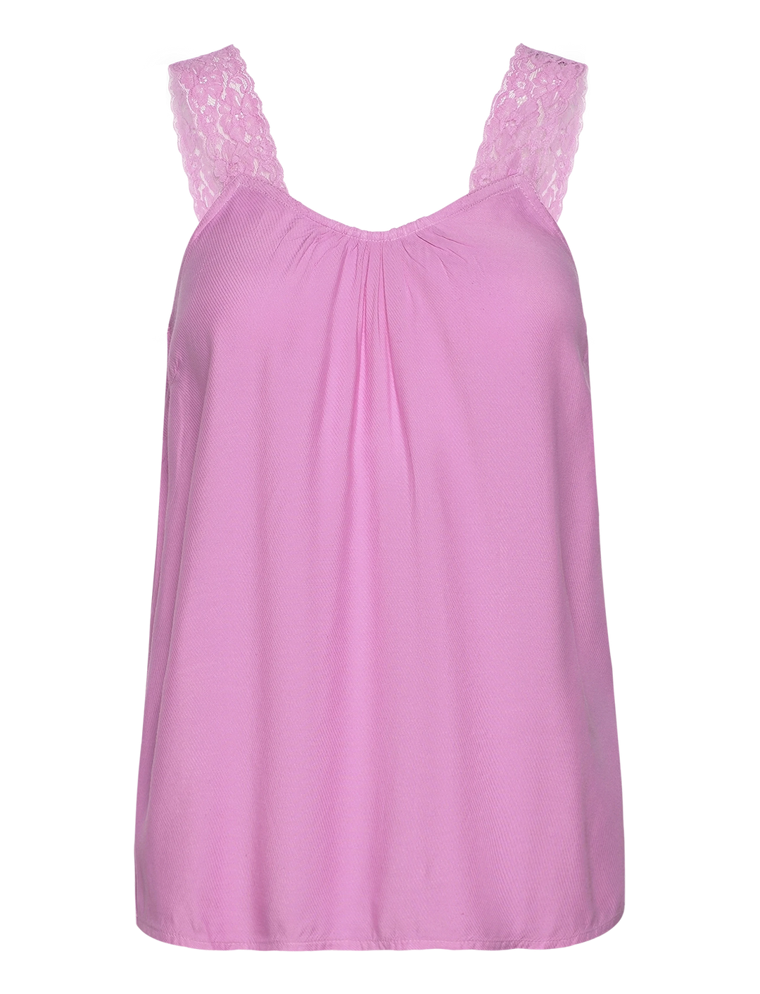 Camisole rose avec dentelle, encolure ronde, et bretelles larges. Pour un look chic ou décontracté.