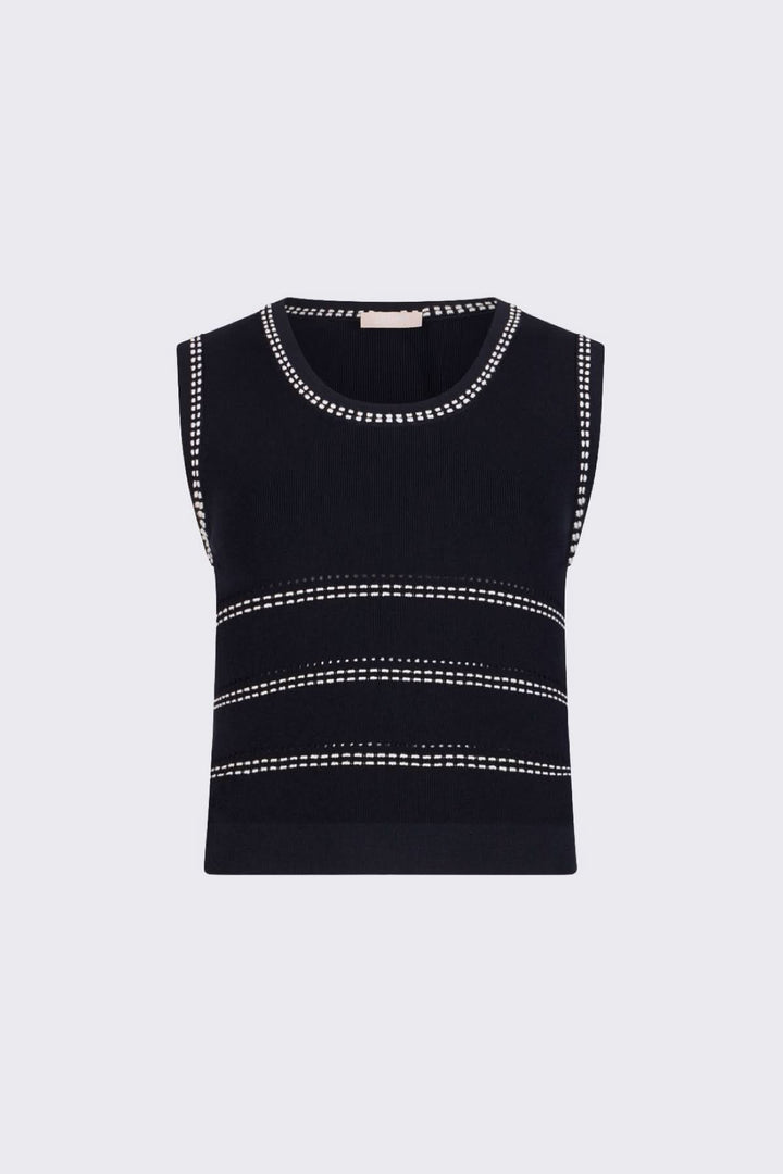 Camisole en maille sans manches à motif rayé avec encolure ronde et design structuré décoratif.