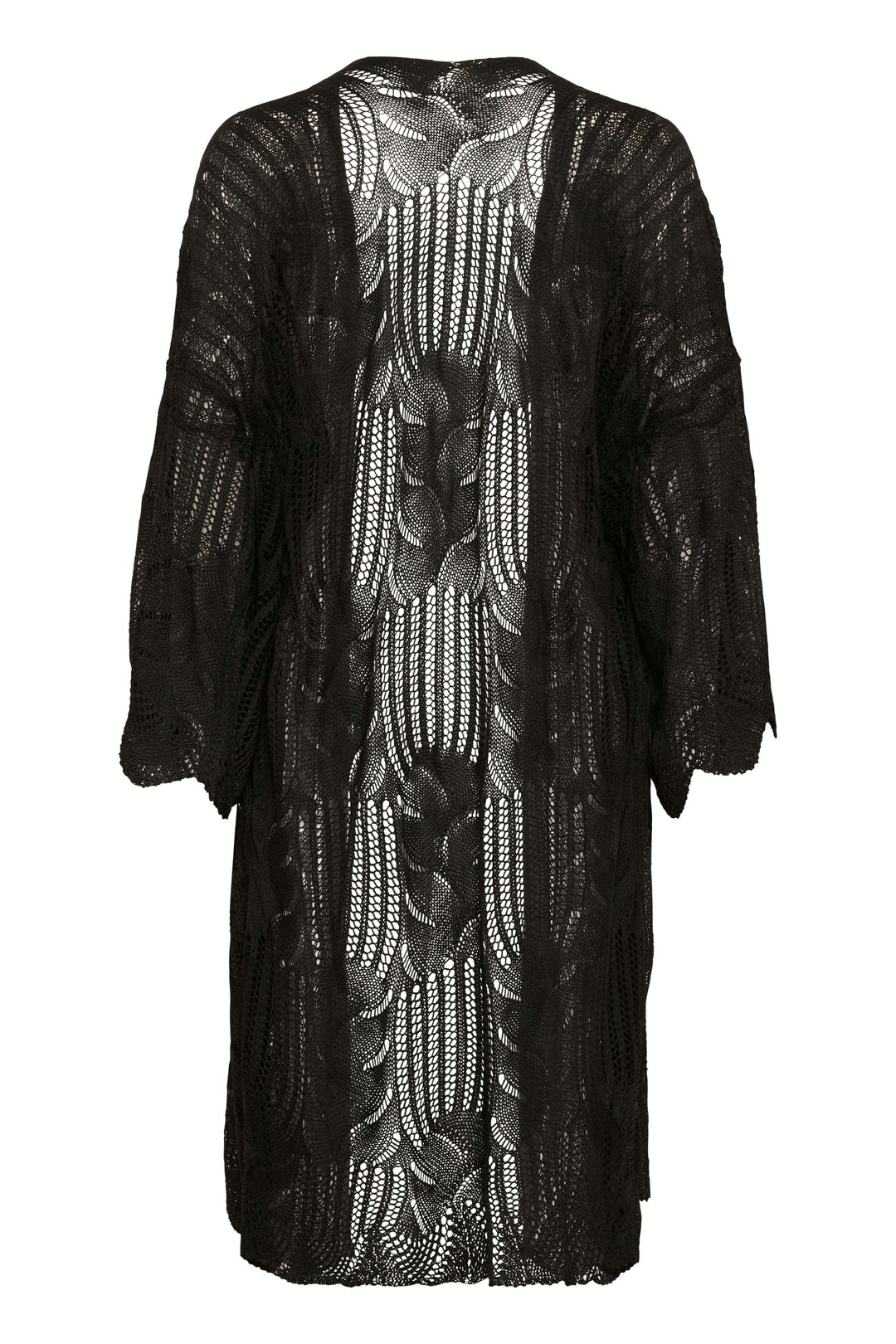 Cardigan long en tricot ajouré noir avec motifs floraux, fluide et sans fermeture, idéal pour un look bohème chic.