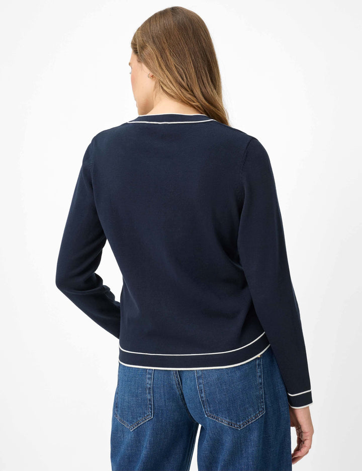 Dos du Cardigan boutonné à col contrasté ANN en maille fine avec finitions graphiques, idéal pour un look décontracté ou habillé.