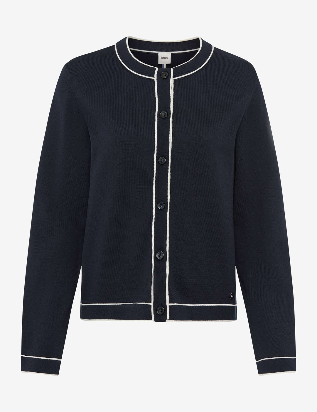 Cardigan boutonné à col contrasté ANN en maille fine avec finitions graphiques, idéal pour superpositions élégantes.