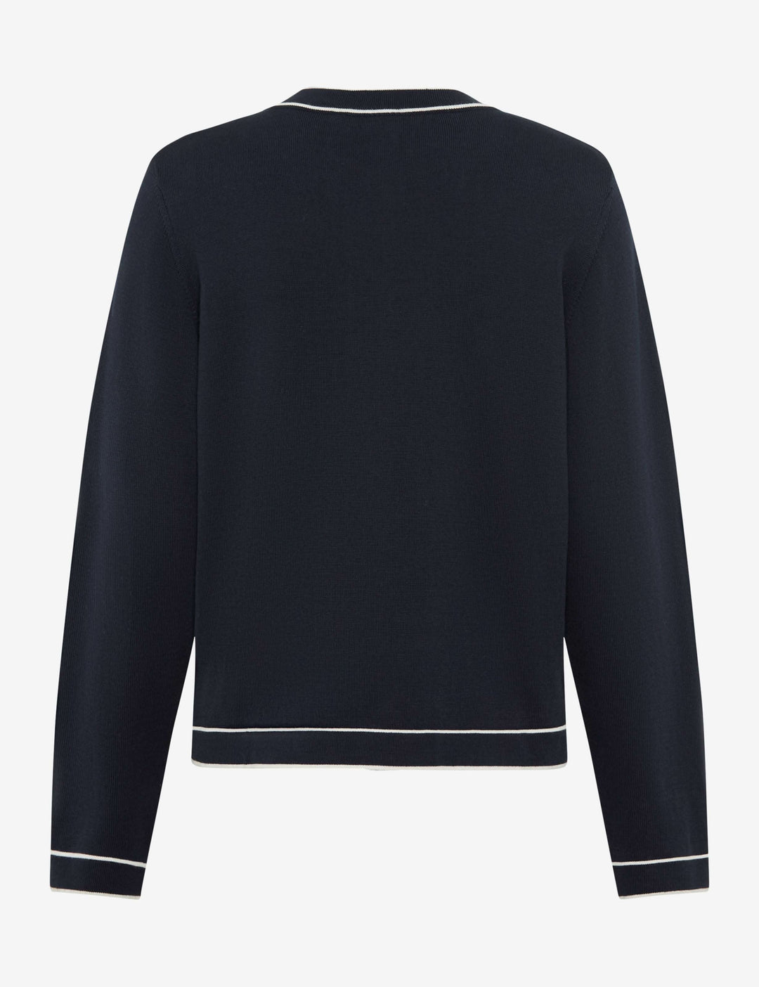 Vue arrière du cardigan boutonné à col contrasté ANN avec finitions contrastées sur fond blanc, idéale pour superpositions élégantes.