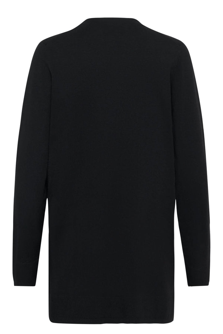 Vue arrière du cardigan long boutonné Miko noir, silhouette épurée avec col V.