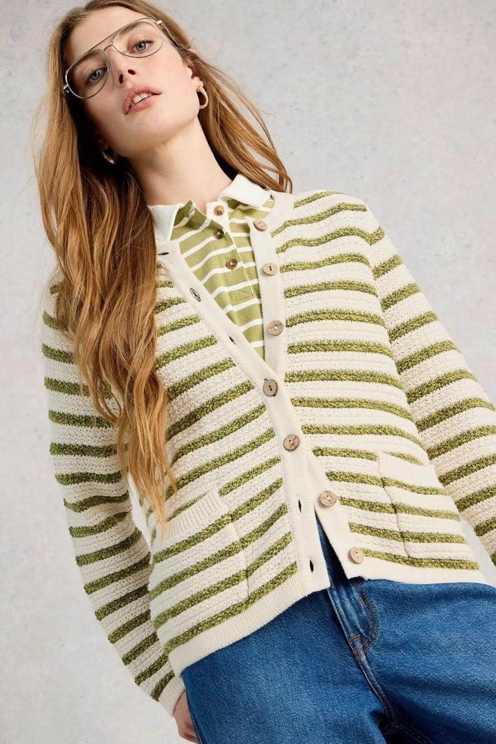 Cardigan rayé boutonné avec maille texturée et coupe droite, idéal pour superpositions, porté ouvert ou fermé. Décris moi le produit en français.