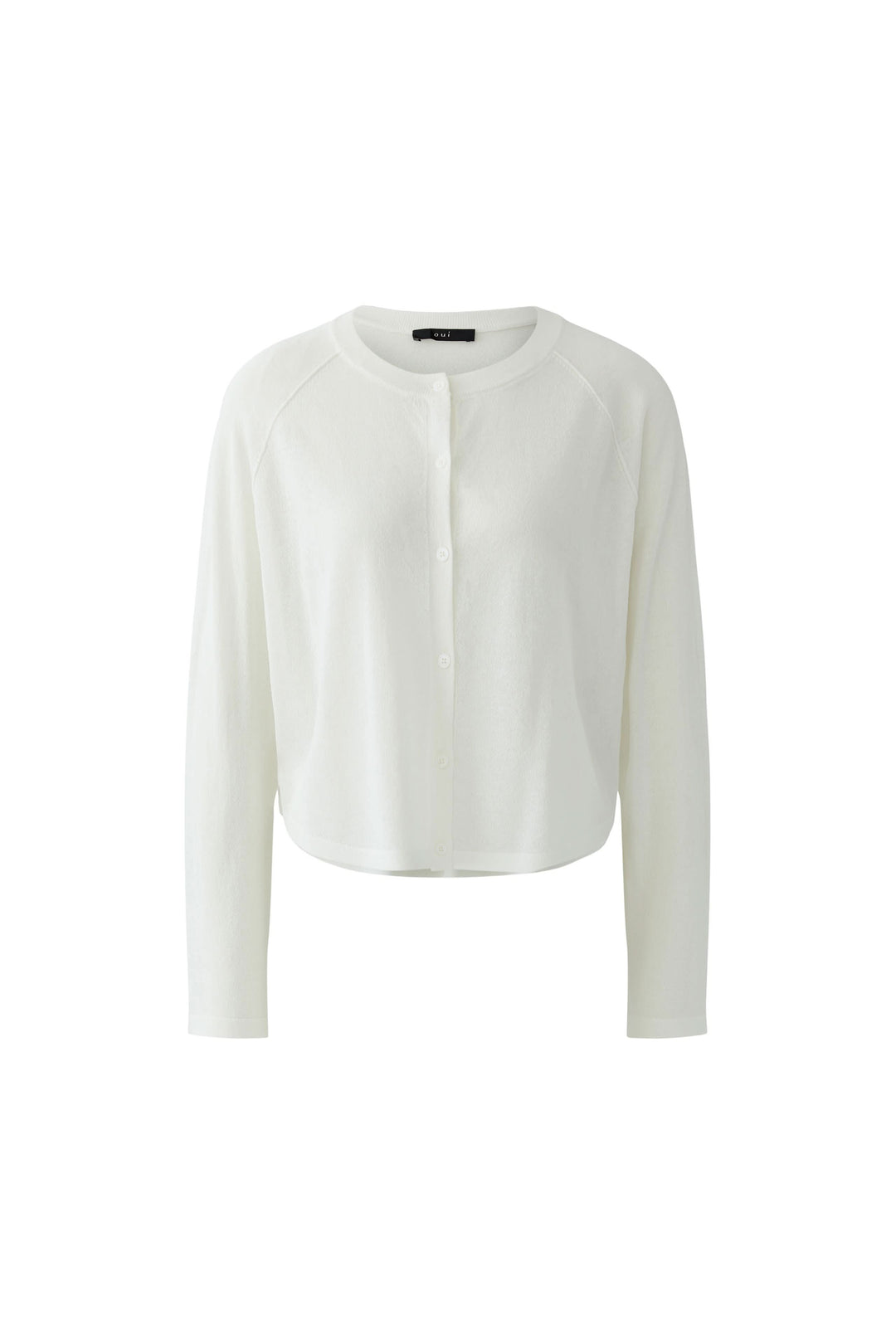 Cardigan texturé boutonné blanc avec texture délicate et encolure arrondie, idéal pour look élégant ou décontracté.