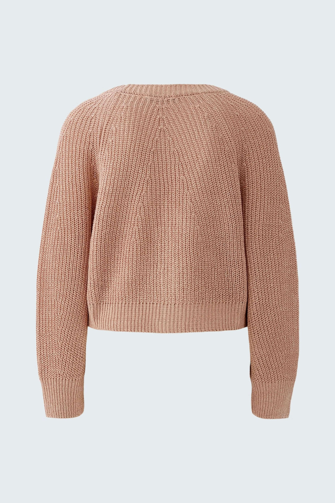 Cardigan tricoté en maille rose, coupe courte et droite, vu de dos. Décris moi le produit en français pour en savoir plus.
