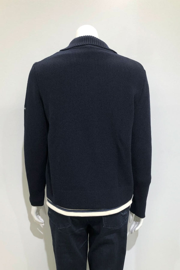 Vue arrière du Cardigan zippé CHATEL en maille structurée, couleur marine.