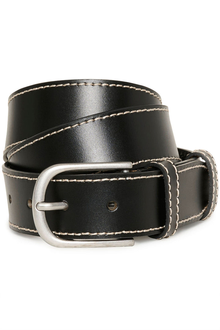 Ceinture Seyra en cuir noir avec surpiqûres contrastantes et boucle métallique classique, accessoire polyvalent pour tous styles.