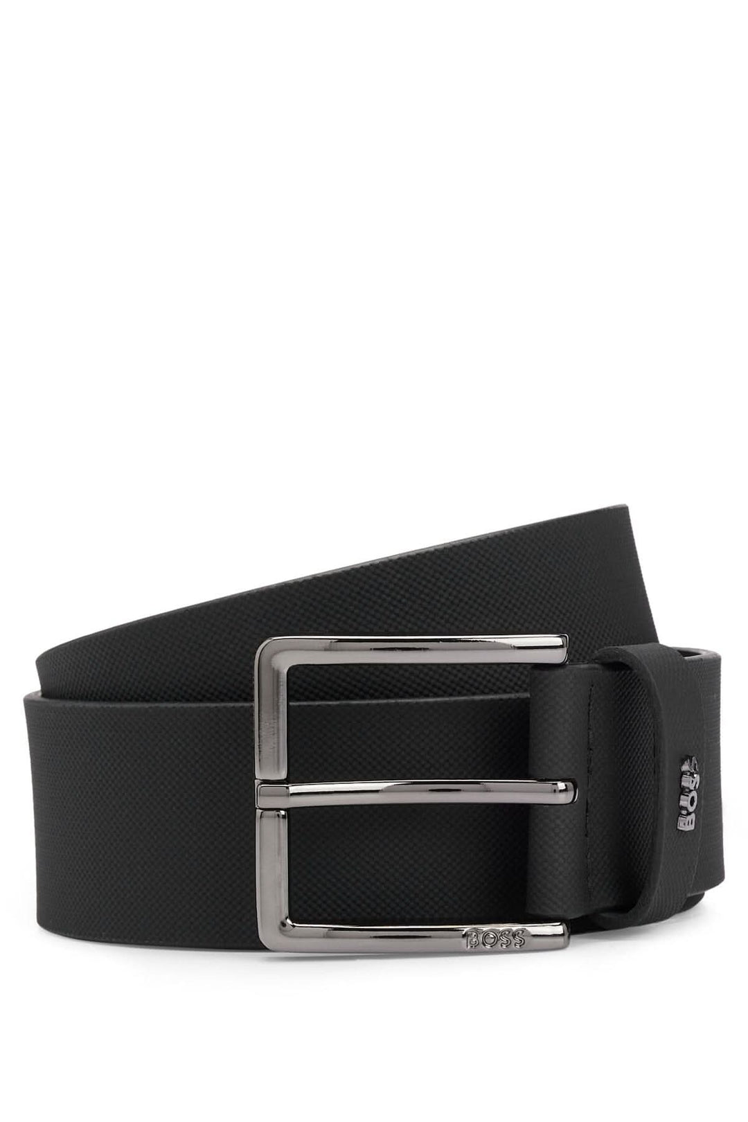 Ceinture en cuir gaufré BOSS noire avec boucle ardillon en métal poli, 4 cm de large et finition élégante.