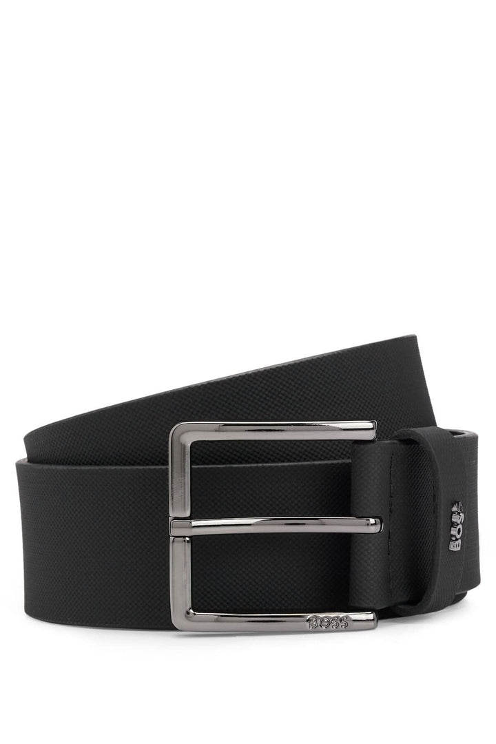 Ceinture en cuir gaufré BOSS noire avec boucle ardillon en métal poli, 4 cm de large et finition élégante.