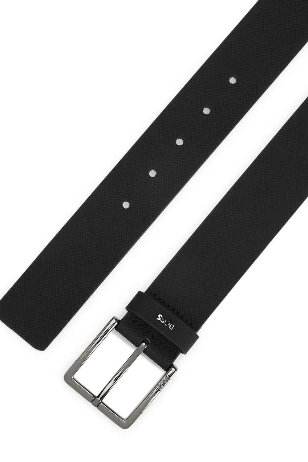 Ceinture en cuir gaufré BOSS noire avec boucle ardillon et logo poli.