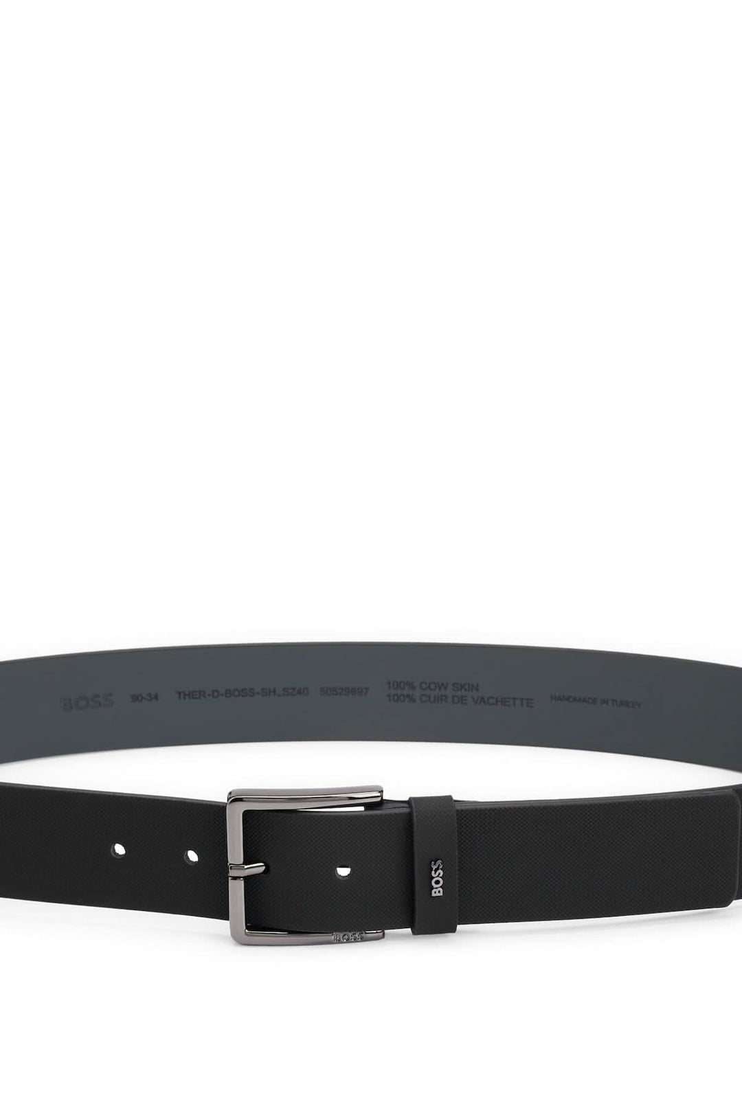 Ceinture en cuir gaufré BOSS, boucle à ardillon, finition bronze poli, largeur 4 cm.